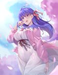  1girl :d a-na areolae blue_sky breasts cloud eyebrows_visible_through_hair fate/stay_night fate_(series) hair_ribbon heaven&#039;s_feel highres large_areolae large_breasts long_hair long_sleeves matou_sakura open_mouth outdoors petals purple_eyes purple_hair red_ribbon ribbon sky smile solo 