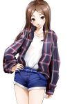  1girl bangs blue_shorts blush brown_eyes brown_hair collarbone cowboy_shot hand_on_hip highres imo_(evekelu-111) karakai_jouzu_no_takagi-san long_hair long_sleeves looking_at_viewer open_clothes open_shirt parted_bangs plaid plaid_shirt shiny shiny_hair shirt short_shorts shorts simple_background solo standing takagi-san white_background white_shirt 