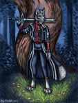  2019 5_fingers anthro barefoot black_nose blue_eyes canid canine clothed clothing digital_media_(artwork) flashw fox fur grass grey_fur holding_object holding_weapon male mammal melee_weapon solo standing sword weapon 
