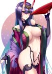  1girl bangs bare_shoulders black_gloves blush breasts cup elbow_gloves eyeliner fate/grand_order fate_(series) fingerless_gloves gloves hair_between_eyes highres horns japanese_clothes kimono large_breasts long_hair looking_at_viewer makeup navel off_shoulder oni oni_horns open_clothes open_kimono purple_eyes purple_hair purple_kimono revealing_clothes sakazuki satou_daiji short_eyebrows shuten_douji_(fate/grand_order) solo very_long_hair white_background 