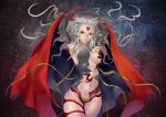  1girl armor breasts cape cleavage cloud_of_darkness facial_mark final_fantasy final_fantasy_iii gloves grey_hair heart long_hair midriff red_eyes revealing_clothes silver_hair smile solo tattoo 