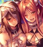  2girls animal_ear_fluff animal_ears asymmetrical_docking bandage bandage_over_one_eye bangs blush breast_press breasts brown_eyes brown_hair cleavage eyebrows_visible_through_hair fangs fox_ears fur_collar hair_between_eyes hair_ornament hand_on_another&#039;s_shoulder jewelry large_breasts long_hair looking_at_viewer melonbooks multiple_girls neck_ring one_eye_closed open_mouth orange_hair original piromizu revealing_clothes sidelocks smile twintails x_hair_ornament 