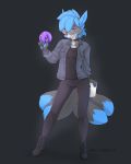  2019 5_fingers aki_de-volfs.ar anthro blue_eyes blue_hair blue_nose breasts canid canine clothed clothing digital_media_(artwork) doughnut female food fox hair hi_res looking_at_viewer mammal simple_background smile solo standing 