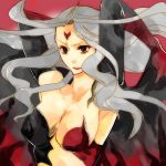  1girl armor breasts cape cleavage cloud_of_darkness facial_mark final_fantasy final_fantasy_iii gloves grey_hair heart long_hair midriff red_eyes revealing_clothes silver_hair smile solo tattoo 