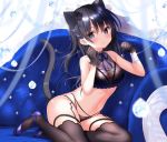 1girl 3: animal_ears bangs bare_arms bare_shoulders black_gloves black_hair black_legwear black_panties blue_eyes blue_footwear blue_ribbon blurry breasts cat_ears cat_girl cat_tail cleavage closed_mouth collarbone commentary_request couch crop_top erect_nipples futaba_miwa gloves hair_ribbon hands_up high_heels lace lace-trimmed_legwear lace_trim lingerie long_hair looking_at_viewer medium_breasts navel no_pants on_couch one_side_up original panties purple_ribbon ribbon sidelocks signature solo stomach tail thighhighs thighs underwear 