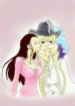  1boy 1girl artist_request black_hair blonde_hair blue_eyes blush breasts cavendish cleavage dress hat long_hair looking_at_another nico_robin one_piece plume purple_eyes smile 