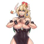  1girl bare_shoulders black_collar black_leotard blonde_hair blue_eyes blush bowsette bracelet breasts cleavage collar crown fire highres horns huge_breasts jewelry large_breasts leotard long_hair looking_at_viewer mario_(series) new_super_mario_bros._u_deluxe nintendo pointy_ears ponytail sharp_teeth solo spiked_armlet spiked_bracelet spiked_collar spiked_shell spikes super_crown teeth turtle_shell upper_body wide_hips 