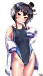  1girl alternate_costume anchor anchor_symbol bangs bare_shoulders black_hair blue_swimsuit blush breasts brown_eyes buttons closed_mouth collarbone competition_swimsuit covered_navel eyebrows_visible_through_hair gradient_hair grey_hair groin hair_between_eyes hairband hat headgear highleg highleg_swimsuit highres kantai_collection long_sleeves looking_at_viewer mini_hat multicolored_hair one-piece_swimsuit short_hair short_hair_with_long_locks sidelocks simple_background skindentation small_breasts smile solo standing swimsuit swimsuit_under_clothes thighs tokitsukaze_(kantai_collection) tsuchimiya white_background 