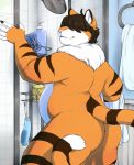  anthro butt felid feline fur hair hair_over_eye iriedono male mammal nude overweight overweight_male shower smile solo standing 