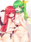  2girls \m/ artist_name ass bangs bare_arms bare_shoulders bikini biting black_bikini breasts collarbone commentary_request cowboy_shot daiyousei demon_wings eyebrows_visible_through_hair fairy_wings gluteal_fold gradient gradient_background green_eyes green_hair hair_between_eyes hair_ribbon halterneck hand_up head_wings heart heart-shaped_pupils koakuma large_breasts long_hair looking_at_viewer marota multiple_girls navel older open_mouth pointy_ears red_eyes red_hair ribbon side-tie_bikini side_ponytail sidelocks smile standing stomach strap_pull swimsuit symbol-shaped_pupils thighs touhou twitter_username white_bikini wings yellow_ribbon 