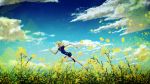  1other androgynous blonde_hair blue_sky cloud elbow_gloves flower gem_uniform_(houseki_no_kuni) gloves highres houseki_no_kuni mint_(catofminto) necktie outdoors petals running scenery short_hair sky solo thighhighs yellow_diamond_(houseki_no_kuni) yellow_flower 