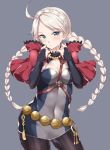  1girl ahoge blonde_hair blue_eyes blush braid breasts bridal_gauntlets capelet cleavage eponine_(fire_emblem_if) fire_emblem fire_emblem_if grey_background hairband jiino long_hair looking_at_viewer medium_breasts nintendo open_mouth simple_background solo standing twin_braids white_hair 
