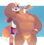  2017 big_muscles blonde_hair blush brown_fur canid canine clothing dipstick_tail eyewear feeling_muscles flexing fluffy fluffy_tail fox fur greenendorf hair lagomorph male male/male mammal multicolored_fur multicolored_tail musclegut muscular muscular_male orange_fur pecs purple_shorts rabbit smile smirk speedo sunglasses sweat swimming_trunks swimsuit thick_thighs tight_clothing watch white_fur white_hair 