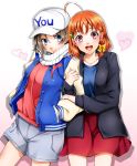  2girls :d ahoge baseball_cap black_jacket blue_cardigan blue_eyes blue_shirt bow brown_hair cardigan character_name clover_hair_ornament collarbone cowboy_shot grey_shorts hair_bow hair_ornament hands_in_pocket hat heart highres imo_(evekelu-111) jacket locked_arms long_sleeves looking_at_viewer love_live! love_live!_sunshine!! miniskirt multiple_girls open_cardigan open_clothes open_jacket open_mouth red_eyes red_skirt red_sweater scarf shirt short_hair short_shorts shorts simple_background skirt smile standing striped striped_scarf sweater takami_chika watanabe_you white_background white_headwear white_scarf yellow_bow 