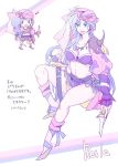  1girl armor bandanna blue_hair breasts cleavage final_fantasy final_fantasy_ii holding jewelry knife knife_holster knife_in_head leila long_hair looking_at_viewer midriff necklace pirate purple_eyes purple_hair reila smile solo weapon 
