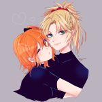  2girls black_scrunchie black_shirt blonde_hair braid brown_hair fate/grand_order fate_(series) fujimaru_ritsuka_(female) green_eyes grey_background hair_ornament hair_scrunchie heart high_ponytail hug kogatarou looking_at_viewer mordred_(fate) mordred_(fate)_(all) multiple_girls one_eye_closed orange_hair red_scrunchie scrunchie shiny shiny_hair shirt short_hair short_sleeves side_ponytail signature sketch smile 