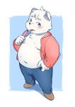  2019 anthro belly blue_eyes blush clothed clothing cub fur hi_res humanoid_hands male mammal moobs navel nipples open_shirt overweight overweight_male pants pcc_yoyoball polar_bear shirt solo sweat ursid ursine white_fur young 