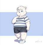  2019 anthro belly blue_eyes clothing cub fur hi_res humanoid_hands male mammal one_eye_closed overweight overweight_male pcc_yoyoball polar_bear shirt shorts solo ursid ursine white_fur wink young 
