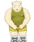  2019 anthro belly blush bulge clothing embarrassed fur hi_res male mammal moobs navel neiiio nipples overweight overweight_male penis shirt shorts simple_background solo ursid white_background white_fur 