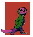  2019 anthro barefoot border clothed clothing fuel_(artist) hands_in_pockets head_tuft hoodie lutrine male mammal mustelid oliver_(fuel) red_background simple_background solo standing whiskers white_border 