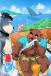  2019 anthro belly black_nose blush brown_fur bulge clothing duo dyzd1 fur hi_res male mammal moobs navel nipples outside overweight overweight_male shirt shorts sitting ursid 