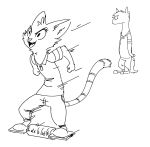  ambiguous_gender anthro barefoot black_and_white cheek_tuft clothed clothing cute_fangs domestic_cat duo equid equine felid feline felis fuel_(artist) horse mammal monochrome motion_lines neck_tuft open_mouth open_smile pizzacat_(zhan) pizzacolt_(zhan) ringtail rolling_pin simple_background smile standing tuft white_background 