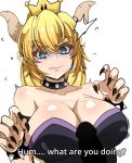  5_fingers big_breasts black_claws blonde_hair blue_eyes bowsette_meme bracelet breasts claws clothed clothing collar cute_fangs distracting_watermark duo ear_piercing english_text eyebrows eyelashes female female_focus hair hi_res horn humanoid jewelry male nipple_outline penis piercing shaking shivering simple_background solo_focus spiked_bracelet spiked_collar spikes super_crown sweat text thick_eyebrows watermark white_background zorzero 