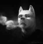  anthro black_and_white black_nose chromatic_aberration clothed clothing fur male monochrome simple_background smoke_from_mouth smoke_from_nose strange-fox white_fur 