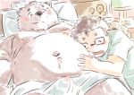  2018 anthro bed belly blush bulge clothing cuddling cute_fangs duo dyzd1 eyes_closed hi_res human humanoid_hands male male/male mammal moobs navel nipples overweight overweight_male shirt ursid 