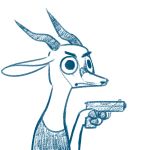 antelope anthro blue_and_white bovid clothed clothing delet_this frown fuel_(artist) fuel_(character) gazelle gun handgun holding_object holding_weapon horn male mammal meme monochrome pistol ranged_weapon reaction_image simple_background weapon white_background 