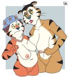  2019 4_fingers anthro ashesg breasts clenched_fists duo felid female frosted_flakes frown fur half-closed_eyes hat kellogg&#039;s lipstick makeup mammal mature_female meta mrs._tony navel nipples nude orange_fur pantherine sagging_breasts simple_background slightly_chubby standing stripes tiger whiskers white_fur yellow_sclera 