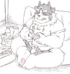  2019 anthro blush clothing cute_fangs humanoid_hands jumperbear male overweight overweight_male shirt shorts sitting solo tokyo_afterschool_summoners tongue tongue_out tsathoggua video_games 