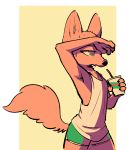  2019 anthro border canid canine clothed clothing disney disposable_cup female fox fuel_(artist) green_eyes hi_res holding_object mammal raised_arm shirt simple_background skye_(zootopia) sweat sweatdrop tank_top white_border yellow_background zootopia 