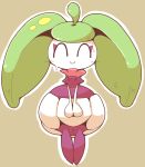  blush crepix eyes_closed female flora_fauna full_body green_hair hair long_hair nervous nintendo plant pok&eacute;mon pok&eacute;mon_(species) pussy simple_background solo standing steenee sweat tan_background twintails_(disambiguation) uncensored video_games 