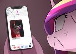  2019 absurd_res apple_inc. cellphone crown english_text equid female feral friendship_is_magic frown hair hi_res horn iphone king_sombra_(mlp) male mammal my_little_pony phone princess_cadance_(mlp) simple_background smartphone text tongue tongue_out underpable unicorn unicorn_horn 