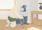  2018 anthro anthro_on_anthro belly blush bulge butt canid canine canis clothing domestic_dog duo fur hug humanoid_hands male male/male mammal neiiio polar_bear shirt sitting slightly_chubby underwear ursid ursine white_fur 