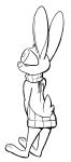  ambiguous_gender anthro barefoot black_and_white blush clothed clothing fuel_(artist) head_tuft hi_res lagomorph mammal monochrome rabbit rear_view simple_background solo standing sweater virgin_killer_sweater vr_headset vrbit_(comicanon) white_background 