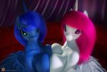  2019 3d_(artwork) anthro big_breasts blue_hair breasts digital_media_(artwork) duo eqamrd equid equine fan_character female friendship_is_magic green_eyes hair horn horse looking_at_viewer mamal mammal my_little_pony nude pink_eyes pink_hair pony princess_celestia_(mlp) princess_luna_(mlp) princess_molestia purple_hair simple_background smile standing unicorn winged_unicorn wings 