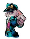  anthro belt cheek_tuft clothed clothing cosplay disney female fuel_(artist) hat jojo&#039;s_bizarre_adventure jotaro_kujo judy_hopps lagomorph looking_at_viewer mammal open_jacket pointing pointing_at_viewer purple_eyes rabbit simple_background solo tuft white_background zootopia 
