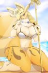  4_fingers anthro big_breasts blue_eyes breasts chest_tuft clothed clothing day digimon digimon_(species) female fur hi_res holding_object kneeling metaljaw75 outside pyramid renamon solo staff tuft water white_fur yellow_fur 