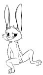  anthro balls blush buckteeth calvin_(trash_character) cheek_tuft chest_tuft claws disney erection fan_character fuel_(artist) half-closed_eyes head_tuft lagomorph male mammal nude penis rabbit simple_background sitting smile solo teeth toe_claws tuft white_background zootopia 