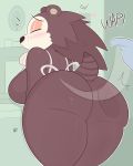  animal_crossing anthro apron big_breasts big_butt blush bottomless breasts butt clothed clothing disembodied_hand english_text eulipotyphlan eyes_closed female hedgehog hi_res kilinah looking_back mammal nintendo sable_able spanking text thick_thighs video_games wide_hips 