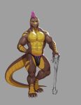  2019 abs biceps brown_scales bulge claws clothed clothing dragon frill green_eyes hand_on_hip head_frill hi_res kristakeshi male muscular muscular_male navel pecs pinup pose quads scales scalie simple_background skimpy smile solo spikes staff standing toe_claws triceps underwear yellow_scales 
