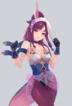  1girl animal_ears blush breasts bunny_ears choker cleavage closed_mouth fake_animal_ears fire_emblem fire_emblem:_seima_no_kouseki fire_emblem_heroes frilled_choker frills gloves grey_background highres leonmandala leotard marica_(fire_emblem) medium_breasts nintendo ponytail purple_eyes purple_hair simple_background solo 