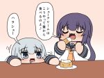  2girls akatsuki_(kantai_collection) blue_eyes blue_sailor_collar blush bokota_(bokobokota) chibi comic eating eyebrows_visible_through_hair eyes_closed food gradient gradient_background hair_between_eyes hibiki_(kantai_collection) kantai_collection long_hair long_sleeves messy_hair multiple_girls neckerchief open_mouth purple_hair sailor_collar school_uniform serafuku shirt silver_hair table translation_request yellow_neckwear 