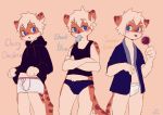  blue_eyes bulge clothed clothing english_text food fur hair hi_res hkl9917462 male orange_fur pink_nose simple_background solo standing text tongue tongue_out underwear white_hair 