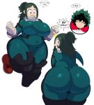  anime big_breasts big_butt blush breasts butt clothing digital_media_(artwork) embarrassed english_text female gloves green_eyes green_hair hair hi_res human humanoid male mammal mature_female midoriya_inko midoriya_izuku mother mother_and_son my_hero_academia not_furry open_mouth overweight parent rear_view simple_background slightly_chubby son sssonic2 text thick_thighs tight_clothing white_skin wide_hips 