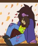  &lt;3 2019 anthro brown_hair clothed clothing colored_nails cuddling deltarune female freckles goatboyalex hair hair_over_eyes happy human jeans kris_(deltarune) larger_female leaf long_hair male male/female mammal pants purple_skin scalie size_difference smile susie_(deltarune) torn_clothing torn_jeans torn_pants video_games 