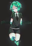  1other amputee androgynous broken character_name colored_eyelashes commentary gem gem_uniform_(houseki_no_kuni) green_eyes green_hair hatafuta houseki_no_kuni necktie phosphophyllite quadruple_amputee short_hair short_shorts shorts 