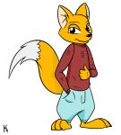  2019 anthro canid canine clothed clothing dipstick_tail disney ear_tuft fox half-closed_eyes hand_in_pocket hi_res kanahu looking_at_viewer male mammal multicolored_tail red_fox scratching simple_background smile solo standing tuft zootopia 
